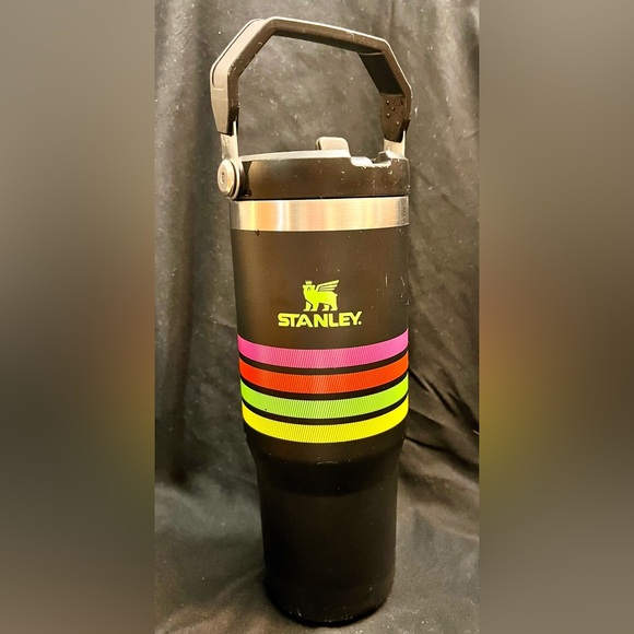 Stanley 30 Ounce Distressed Black Travel Mug with Rainbow of Neon Stripes Trendy - Picture 1 of 12